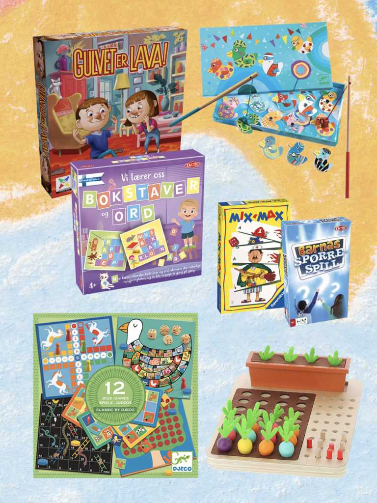 Illustrativt bilde med et utvalg av brettspill og kortspill for barn