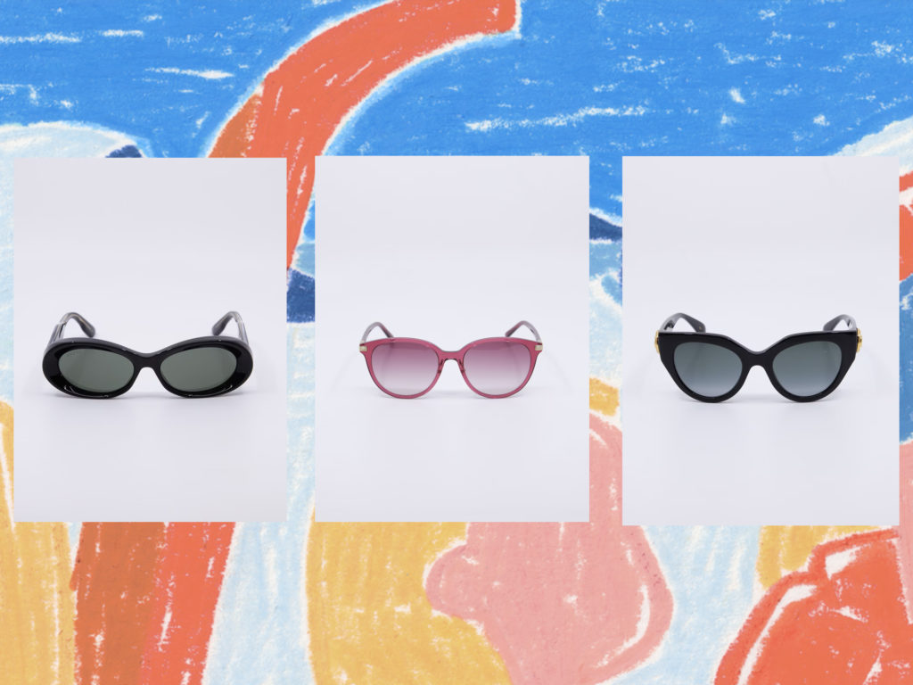 3 stykk solbriller i ulike fasonger på en illustrativ tegnet bakgrunn.